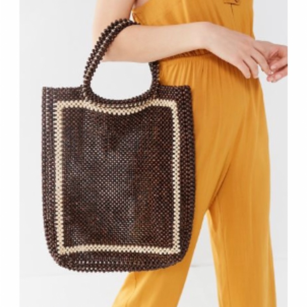 unique beaded tote bag. brown & white/cream. NWT.